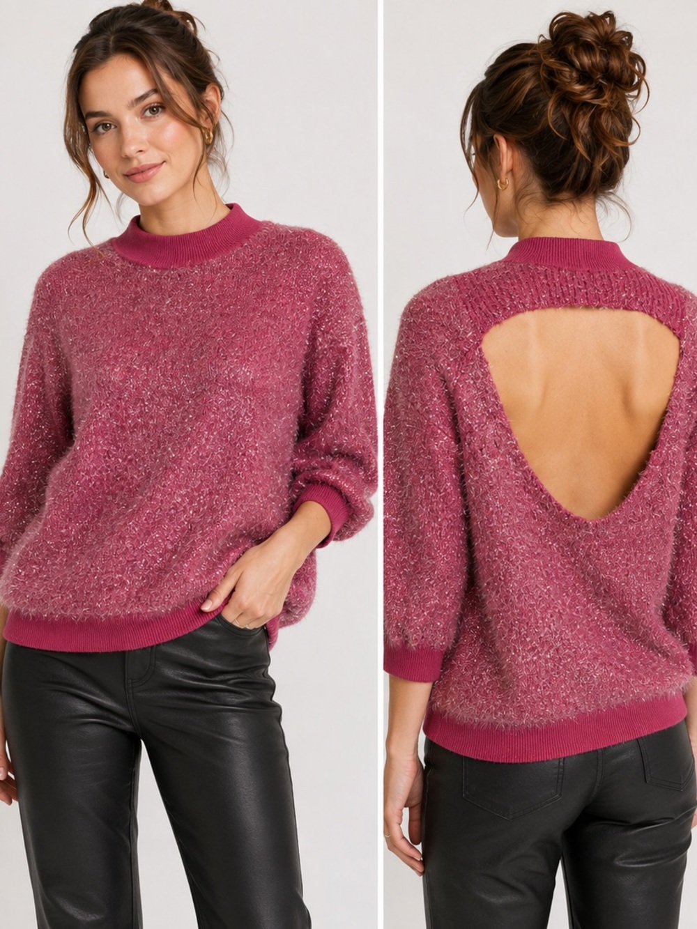 Maeve Anthropologie Pink Shimmer Open-Back Sweater Large Metallic Eyelash Knit